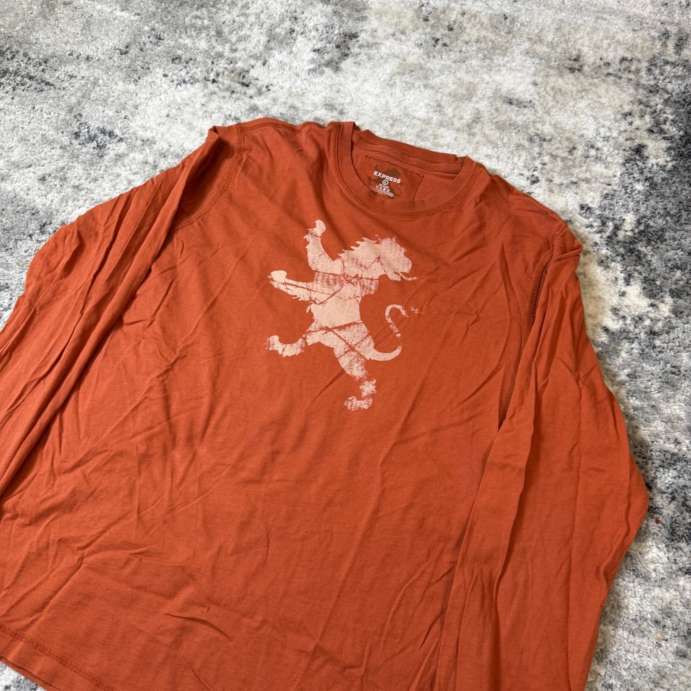 Express Mens Long Sleeve Graphic Tee Burnt Orange Lion Crest Shirt‎ Large